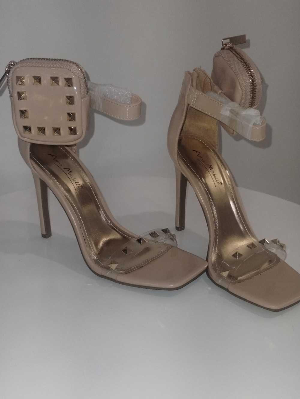Anne Michelle Nude Stiletto Heels with Studded Ankle Pouch
